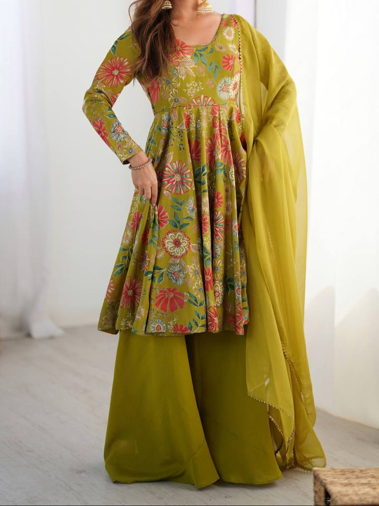 Haldi Special Kediya Kurti With Heavy Flair Palazzo & Dupatta