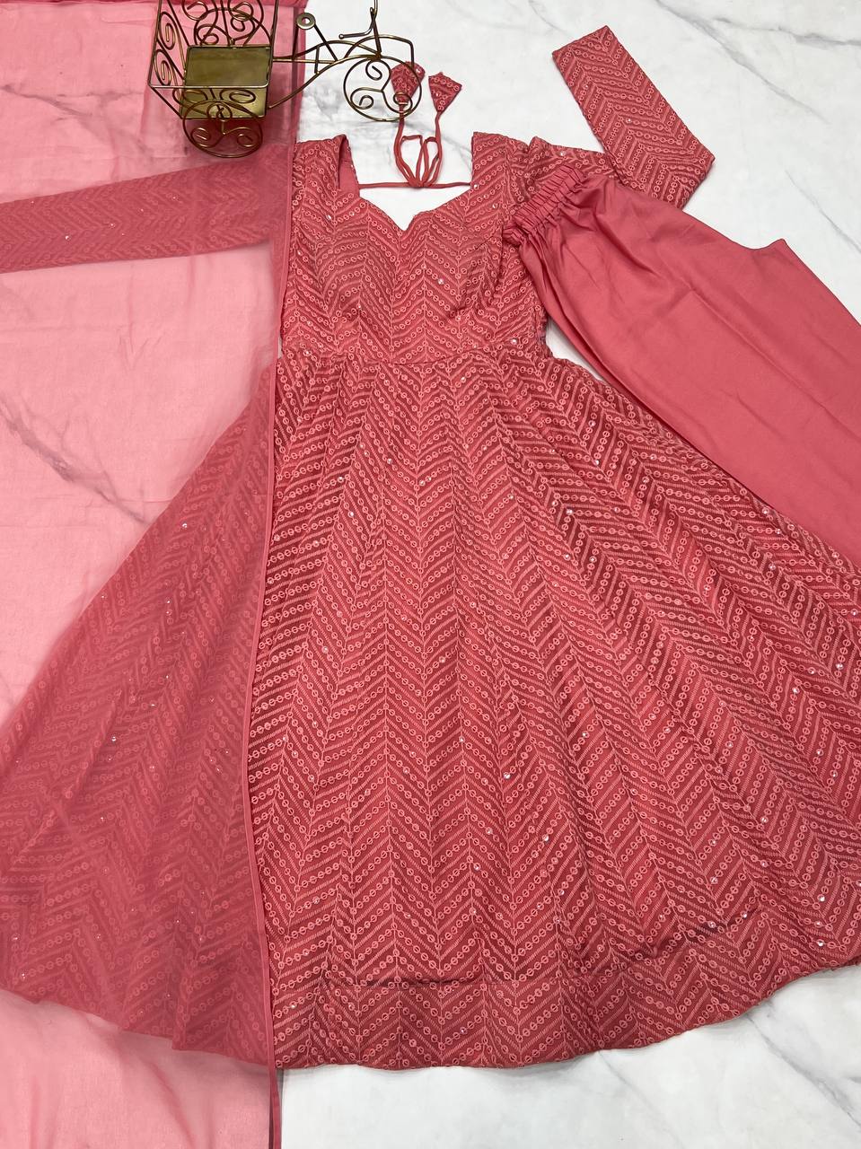 Wedding Special Luchnowi Sequence Work Anarkali Suit Set