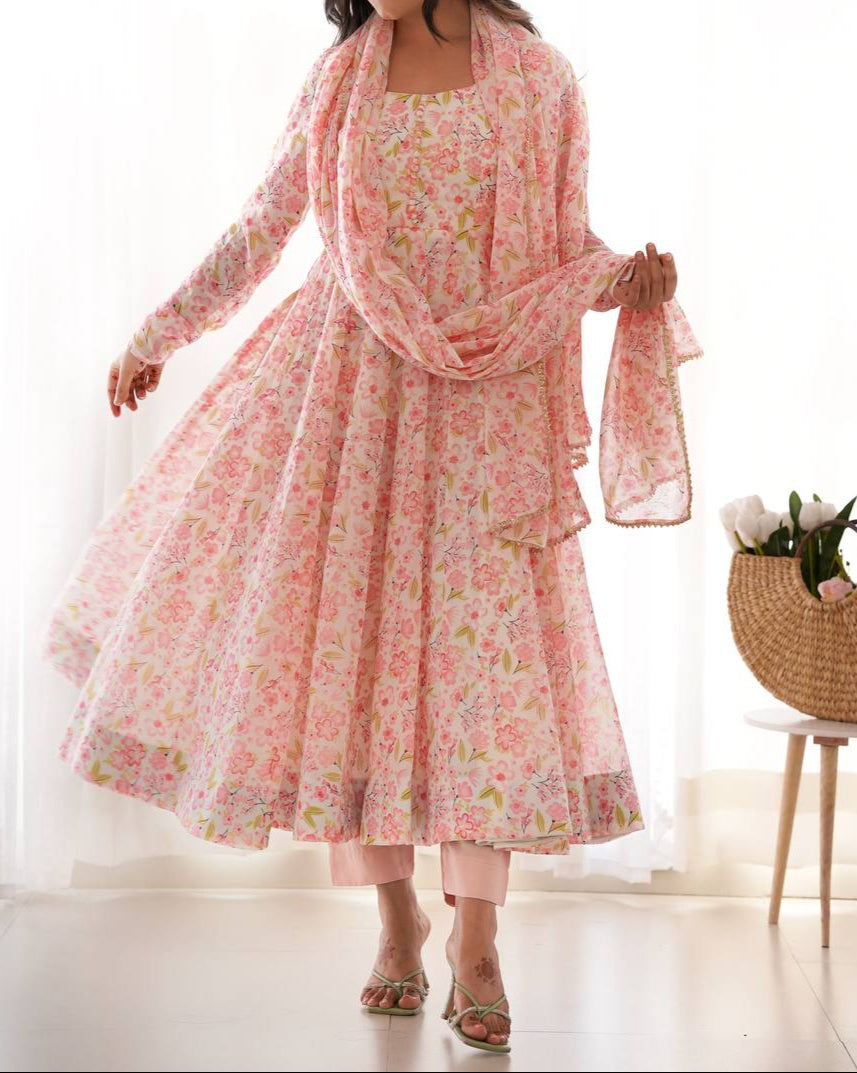 Chiffon Floral Print Anarkali Suit Set