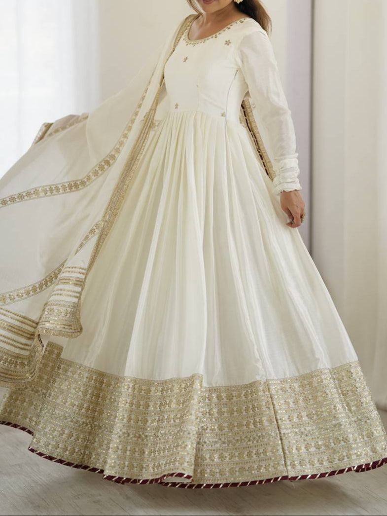 Chinon & Thread With Sequence  Lace Border Heavy Anarkali Suit Set