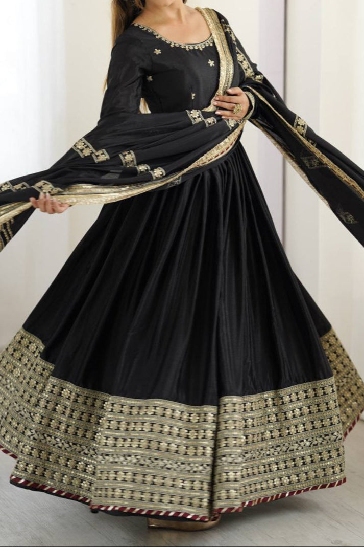 Chinon & Thread With Sequence  Lace Border Heavy Anarkali Suit Set