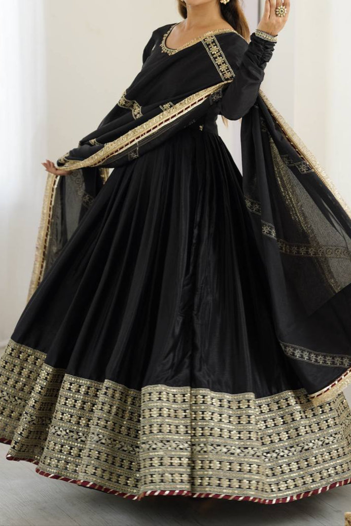 Chinon & Thread With Sequence  Lace Border Heavy Anarkali Suit Set