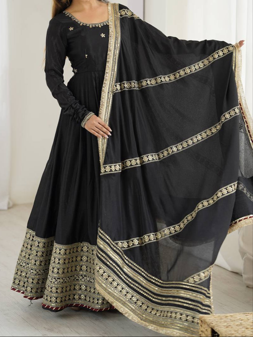 Chinon & Thread With Sequence  Lace Border Heavy Anarkali Suit Set