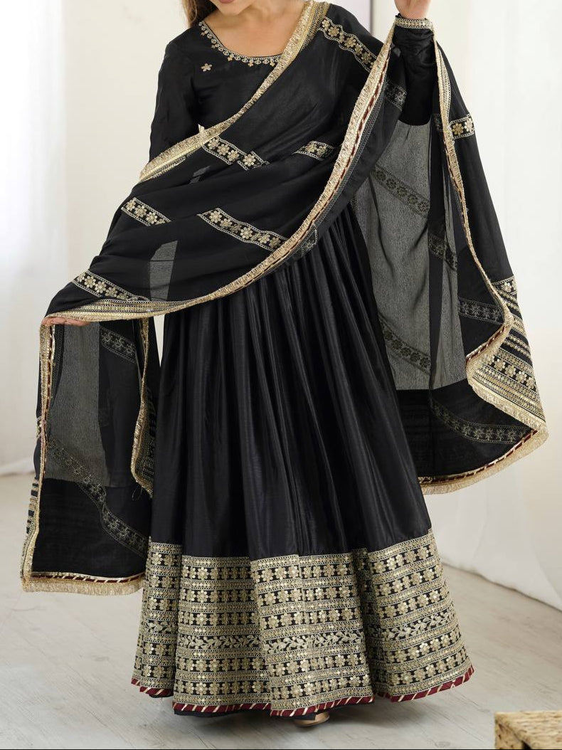 Chinon & Thread With Sequence  Lace Border Heavy Anarkali Suit Set