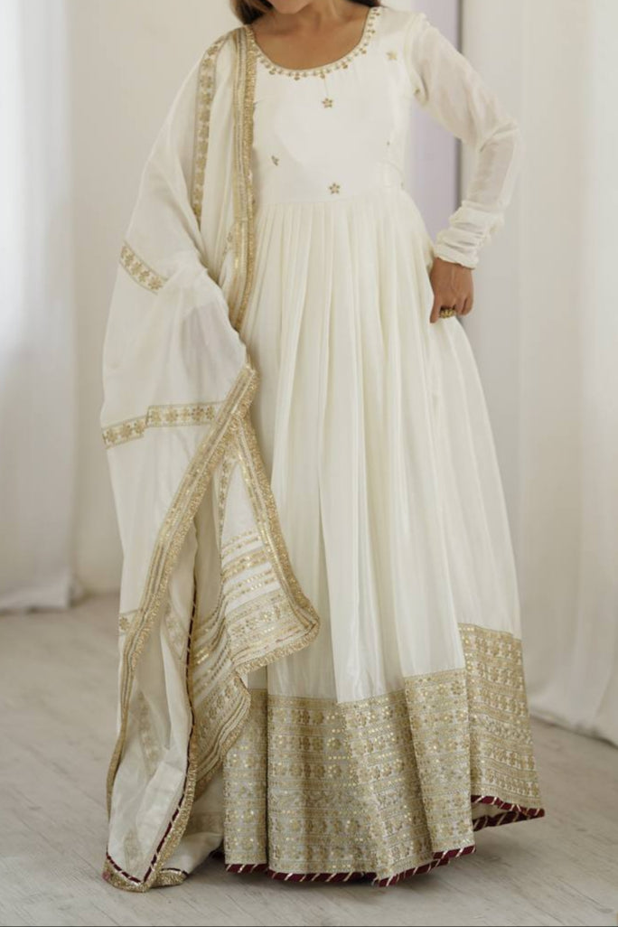 Chinon & Thread With Sequence  Lace Border Heavy Anarkali Suit Set