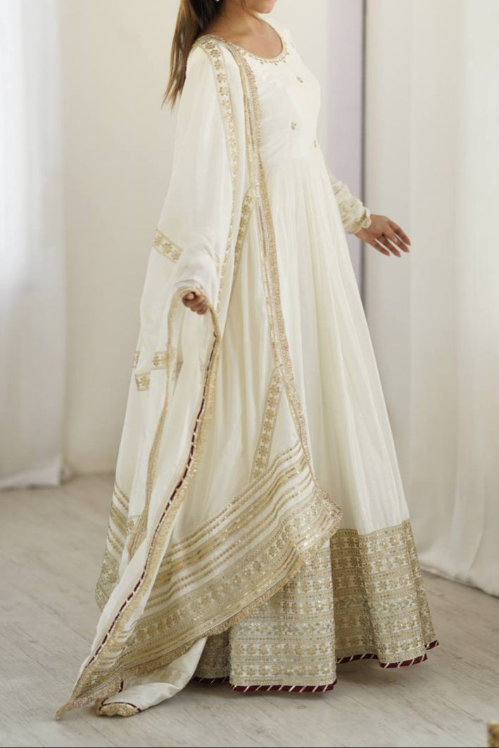 Chinon & Thread With Sequence  Lace Border Heavy Anarkali Suit Set