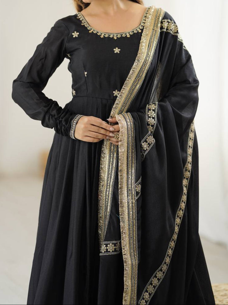 Chinon & Thread With Sequence  Lace Border Heavy Anarkali Suit Set