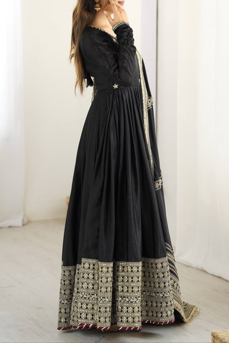 Chinon & Thread With Sequence  Lace Border Heavy Anarkali Suit Set