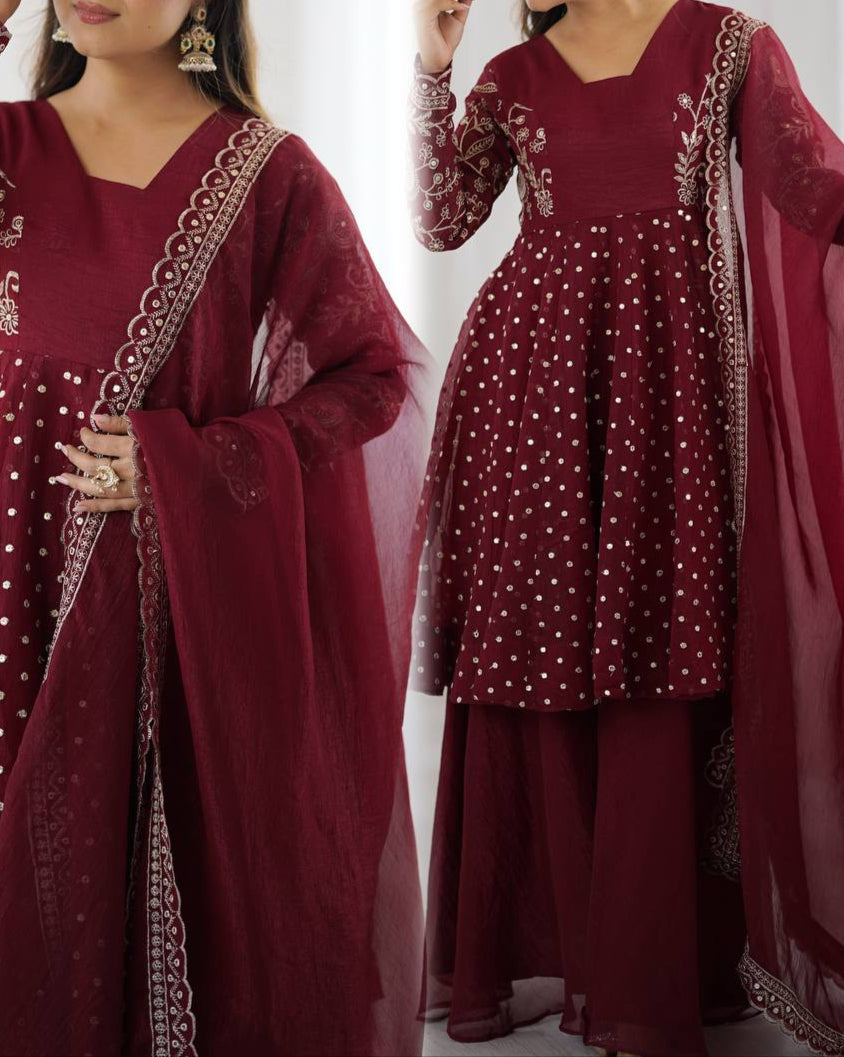 Embroidery Sequence Work Top Sharara Suit