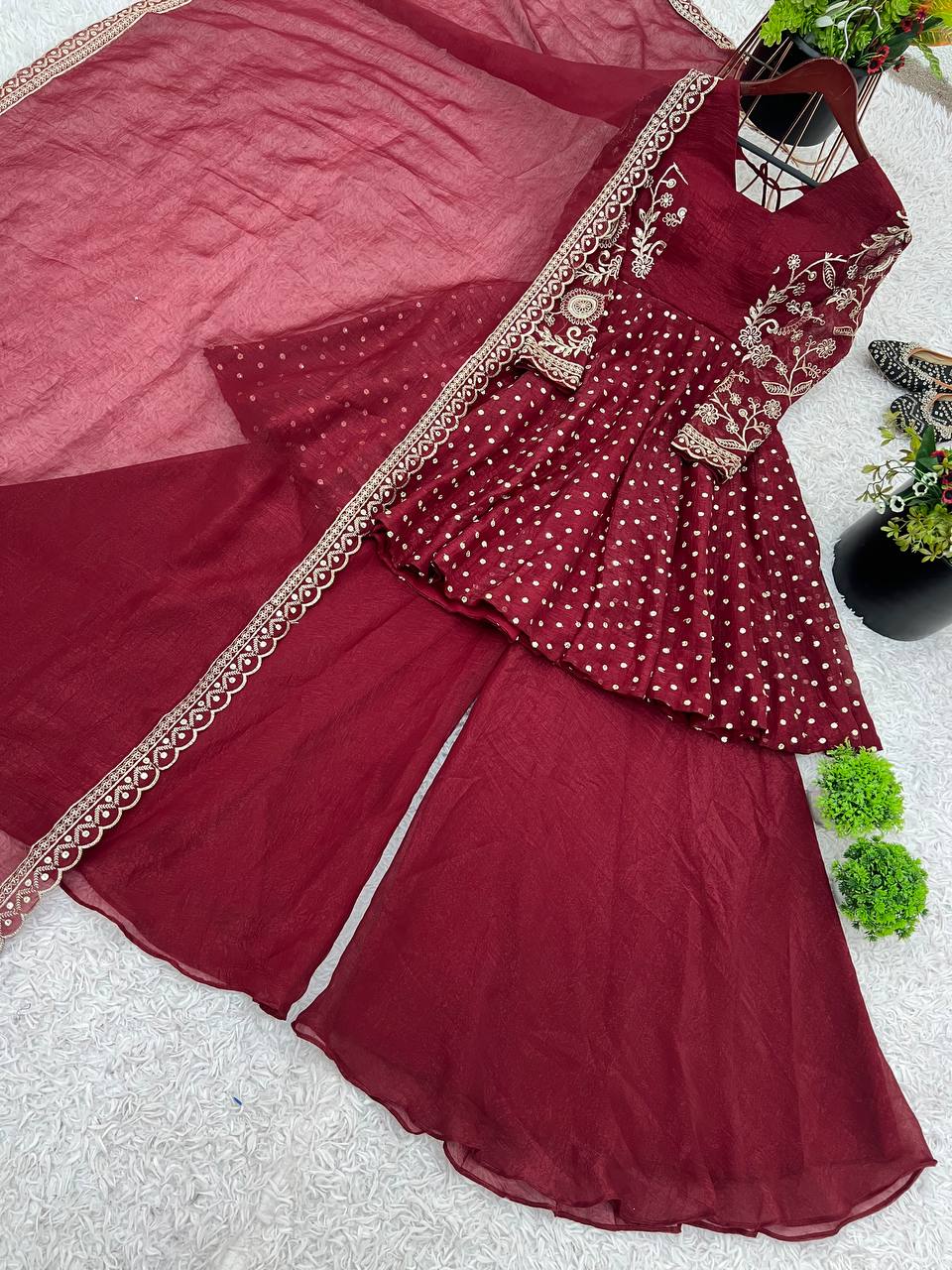 Embroidery Sequence Work Top Sharara Suit