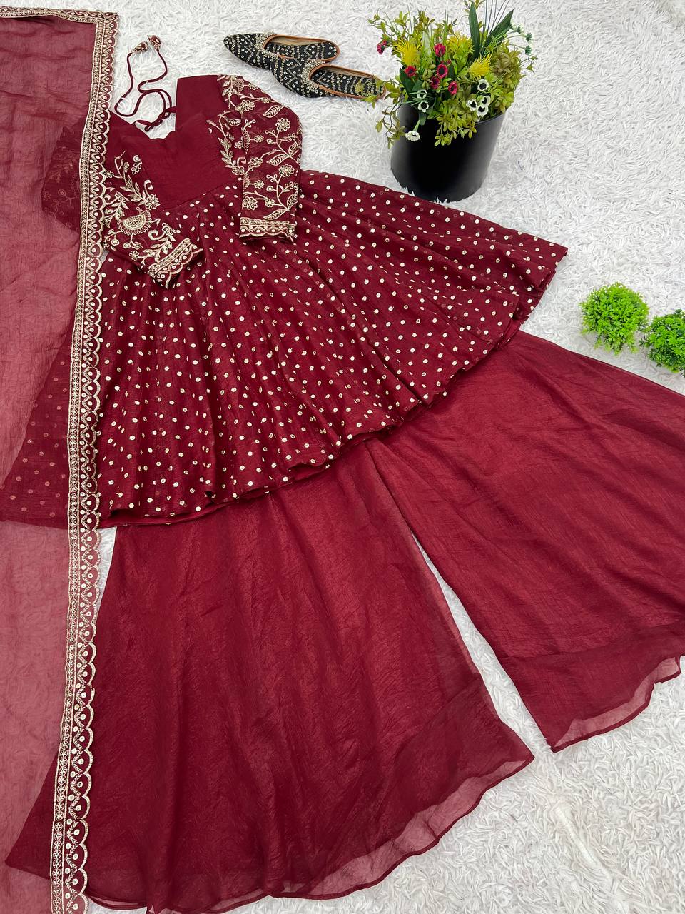 Embroidery Sequence Work Top Sharara Suit