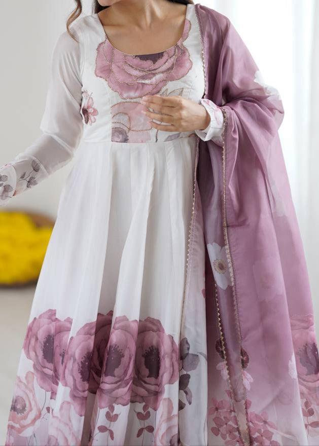 floral printed organza anarkali suit set for the upcoming festivities and wedding