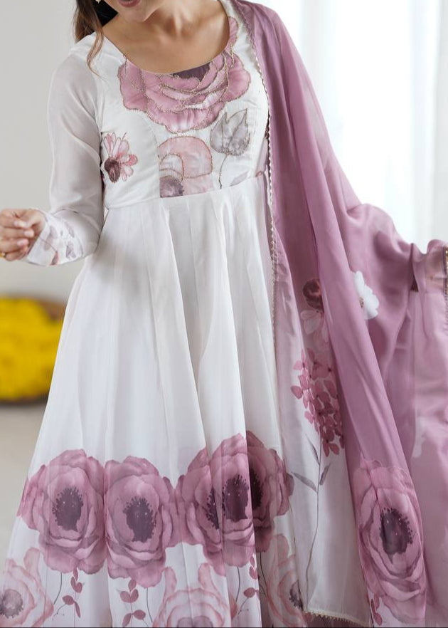 floral printed organza anarkali suit set for the upcoming festivities and wedding