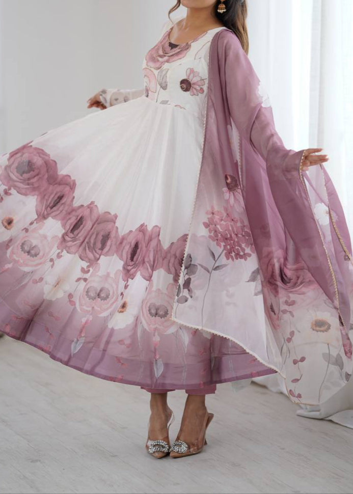 floral printed organza anarkali suit set for the upcoming festivities and wedding