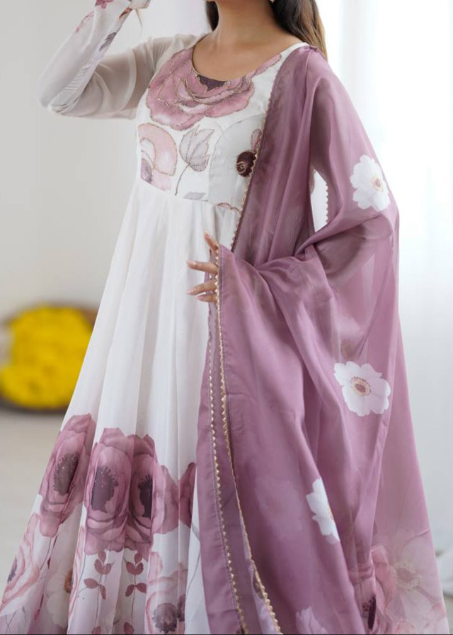 floral printed organza anarkali suit set for the upcoming festivities and wedding