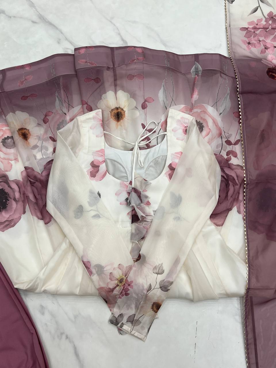 floral printed organza anarkali suit set for the upcoming festivities and wedding