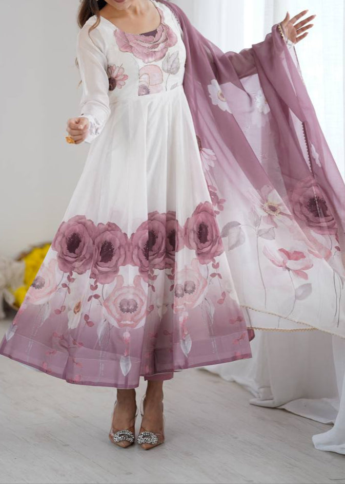 floral printed organza anarkali suit set for the upcoming festivities and wedding