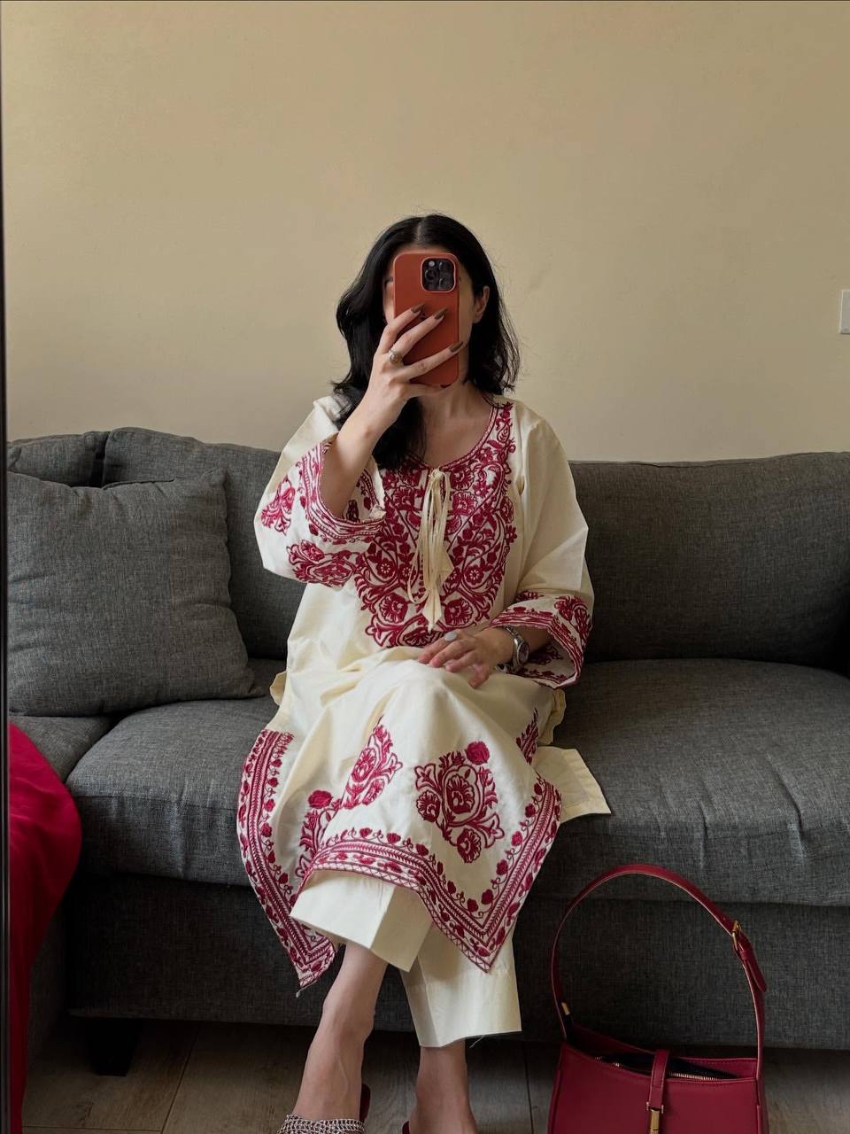 Embroidered Roman Silk Fabric Designer Suit Set