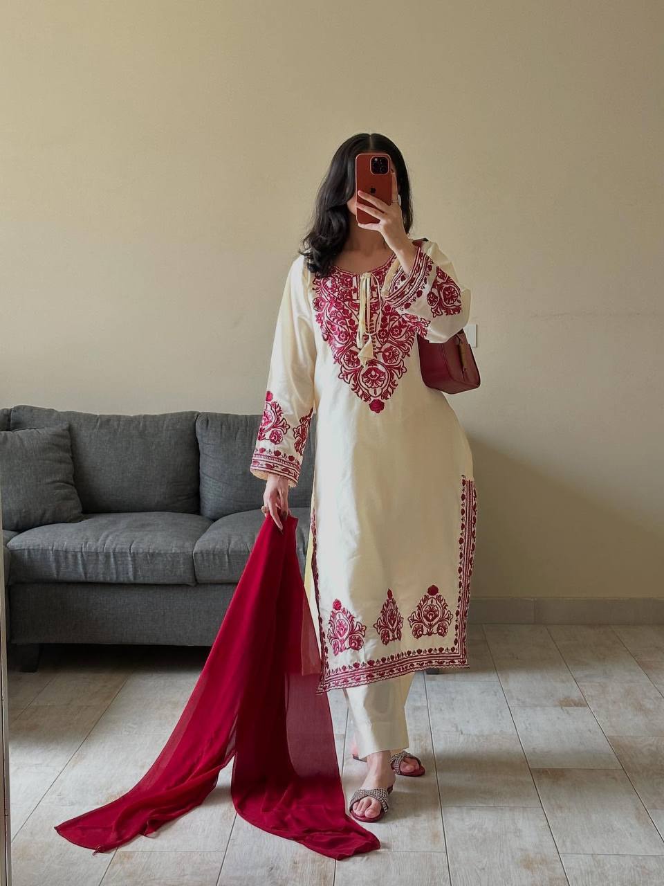 Embroidered Roman Silk Fabric Designer Suit Set