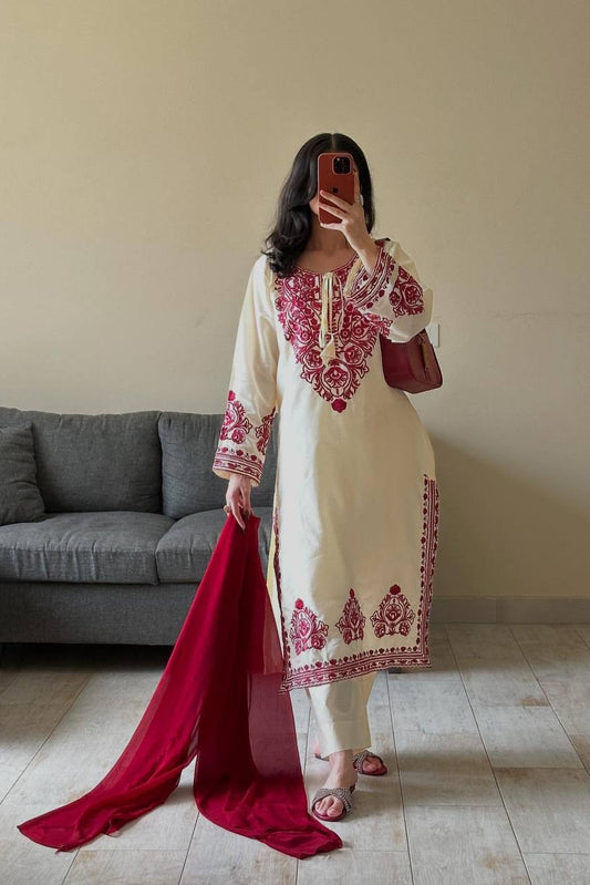 Embroidered Roman Silk Fabric Designer Suit Set