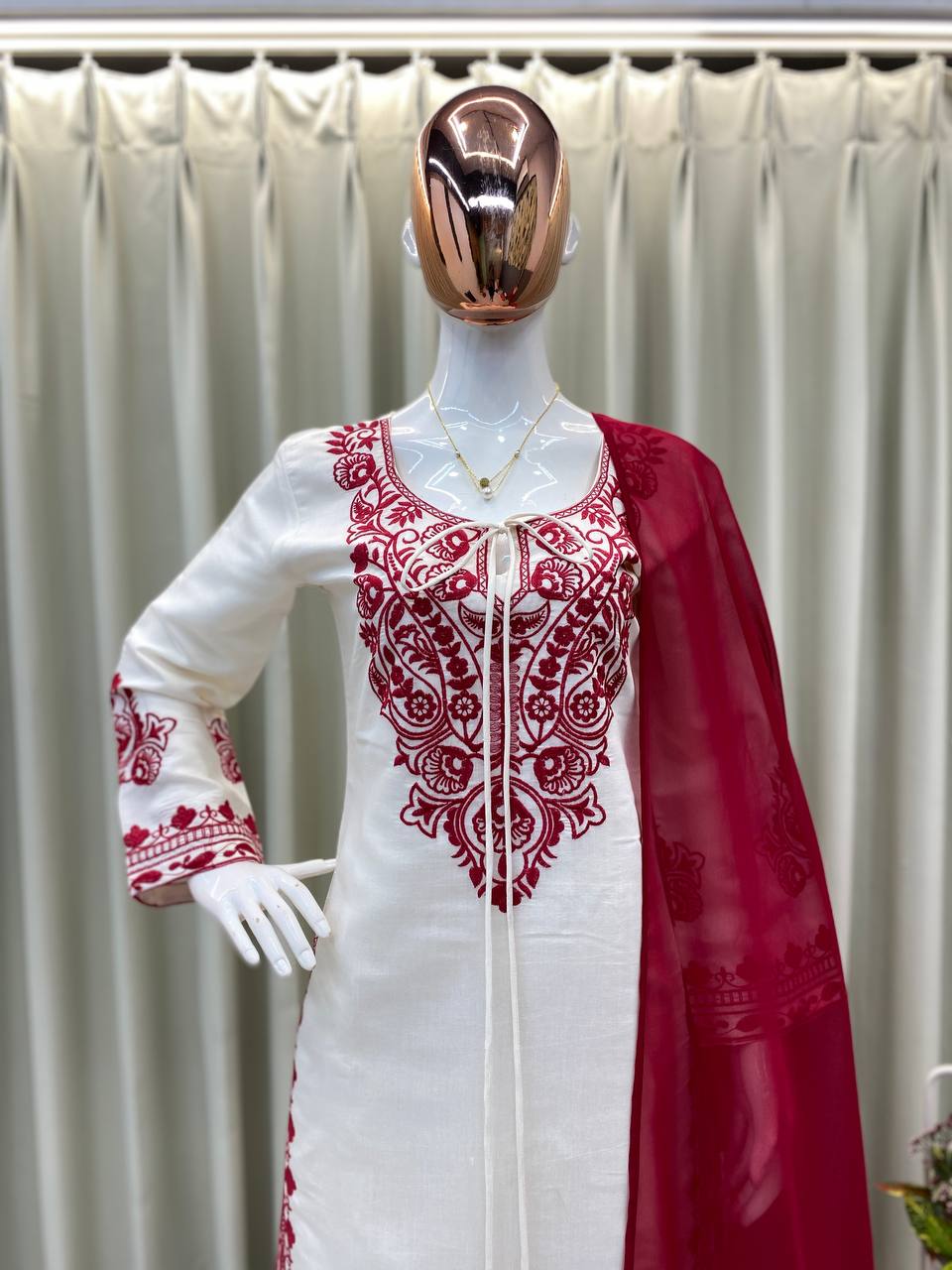 Embroidered Roman Silk Fabric Designer Suit Set