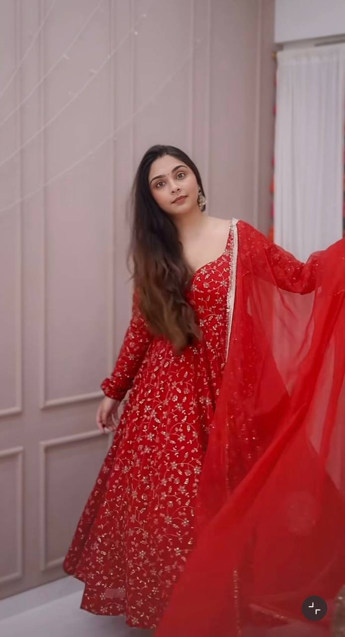 Karwa Chauth Special Embroidery And Sequence Work Anarkali Suit Set