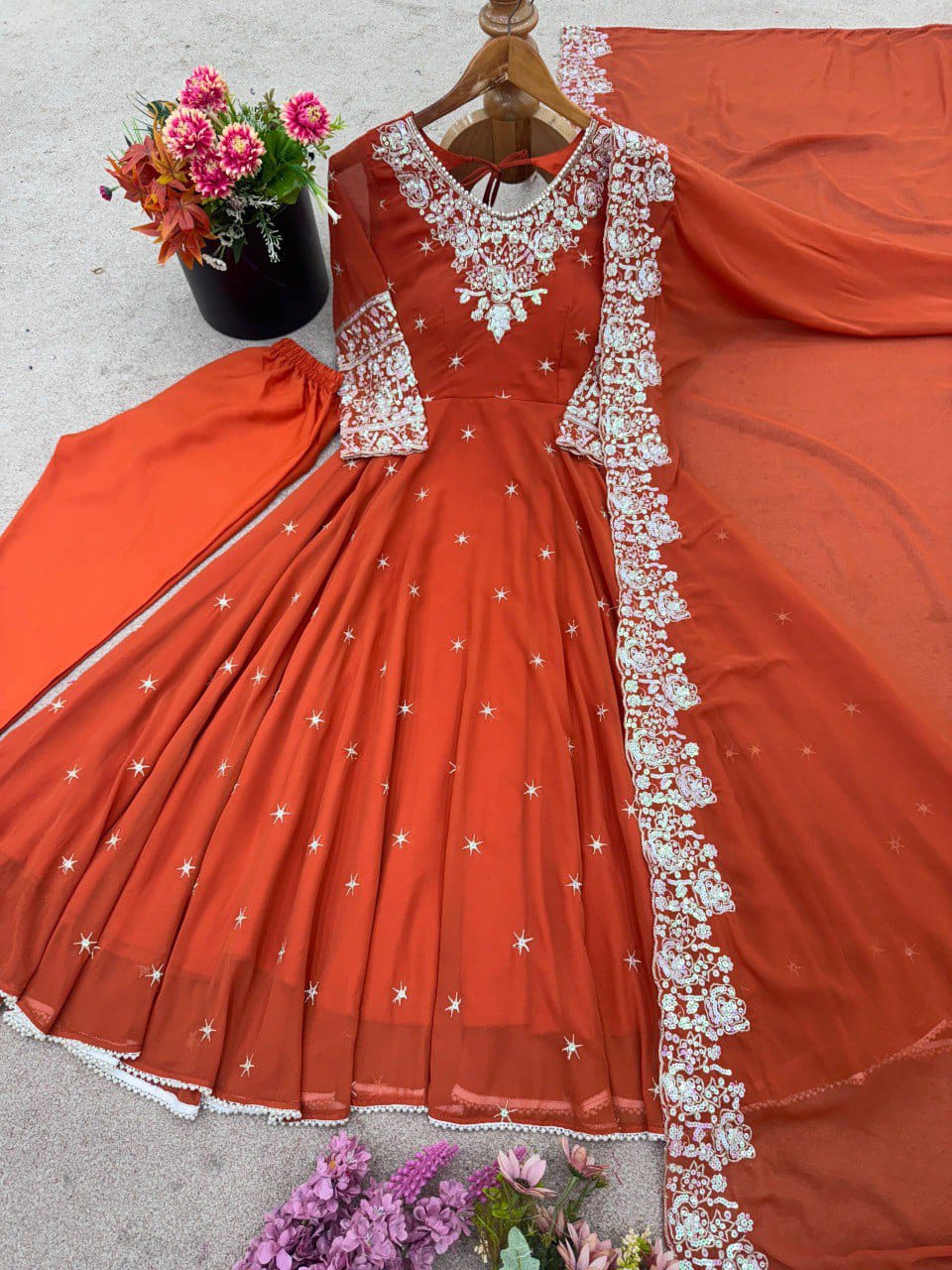 Elegant Heavy Embroidery & Sequence Work Three-Piece Anarkali Suit Set