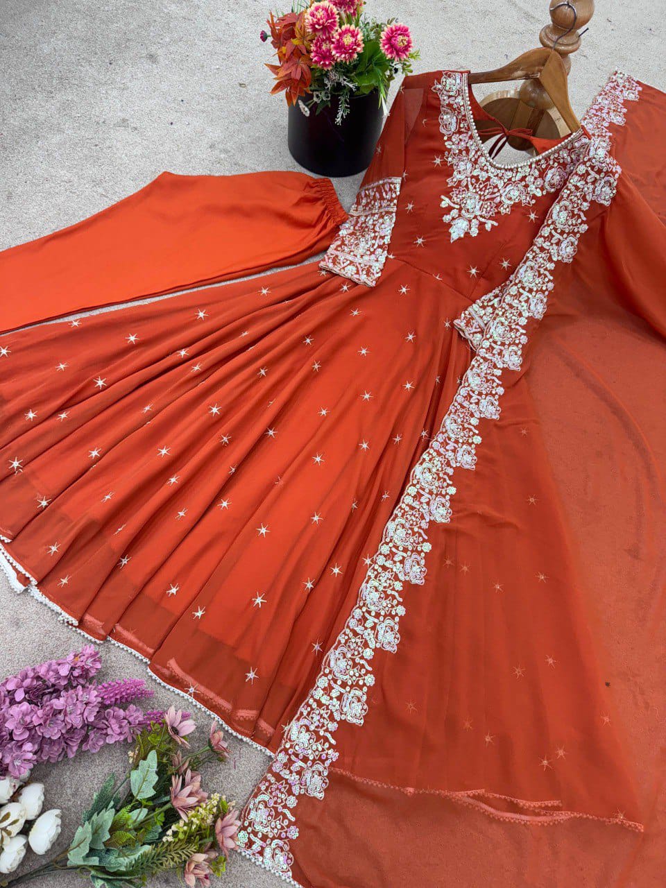Elegant Heavy Embroidery & Sequence Work Three-Piece Anarkali Suit Set