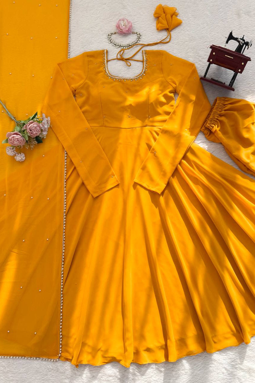 Launching New Designer Haldi Special Handwork Anarkali Pent & Dupatta