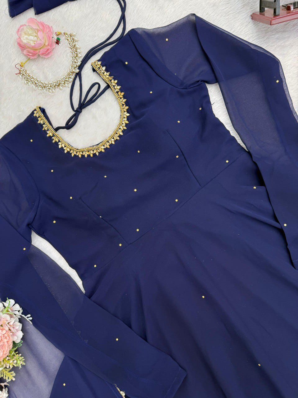 New Designer Handwork With LCD Ston work Anarkali Pent & Dupatta