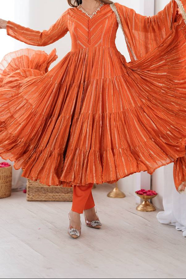 Real Mirror With Handwork Mal Chanderi Anarkali Set