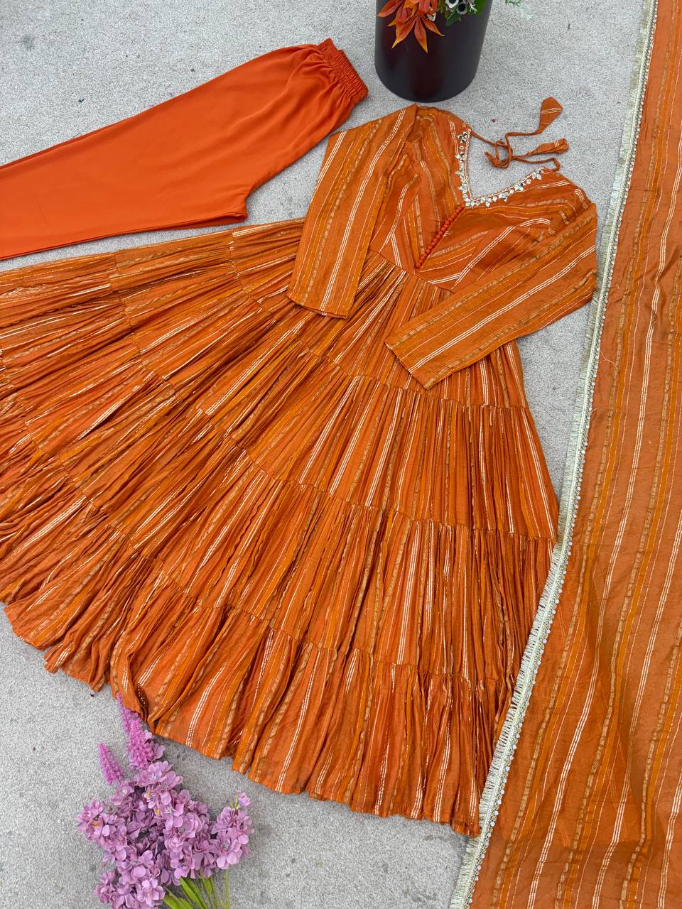 Real Mirror With Handwork Mal Chanderi Anarkali Set