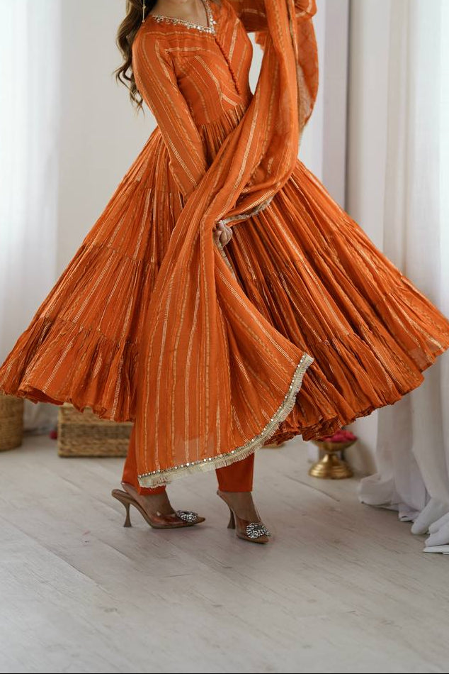 Real Mirror With Handwork Mal Chanderi Anarkali Set