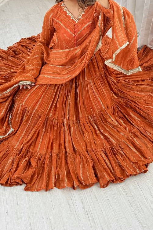 Real Mirror With Handwork Mal Chanderi Anarkali Set