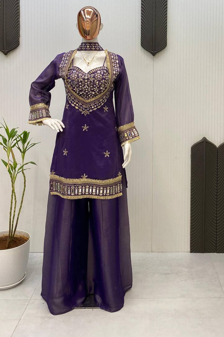 Indo Western 4 Pic Palazzo Set With Real Mirror & Embroidery Work