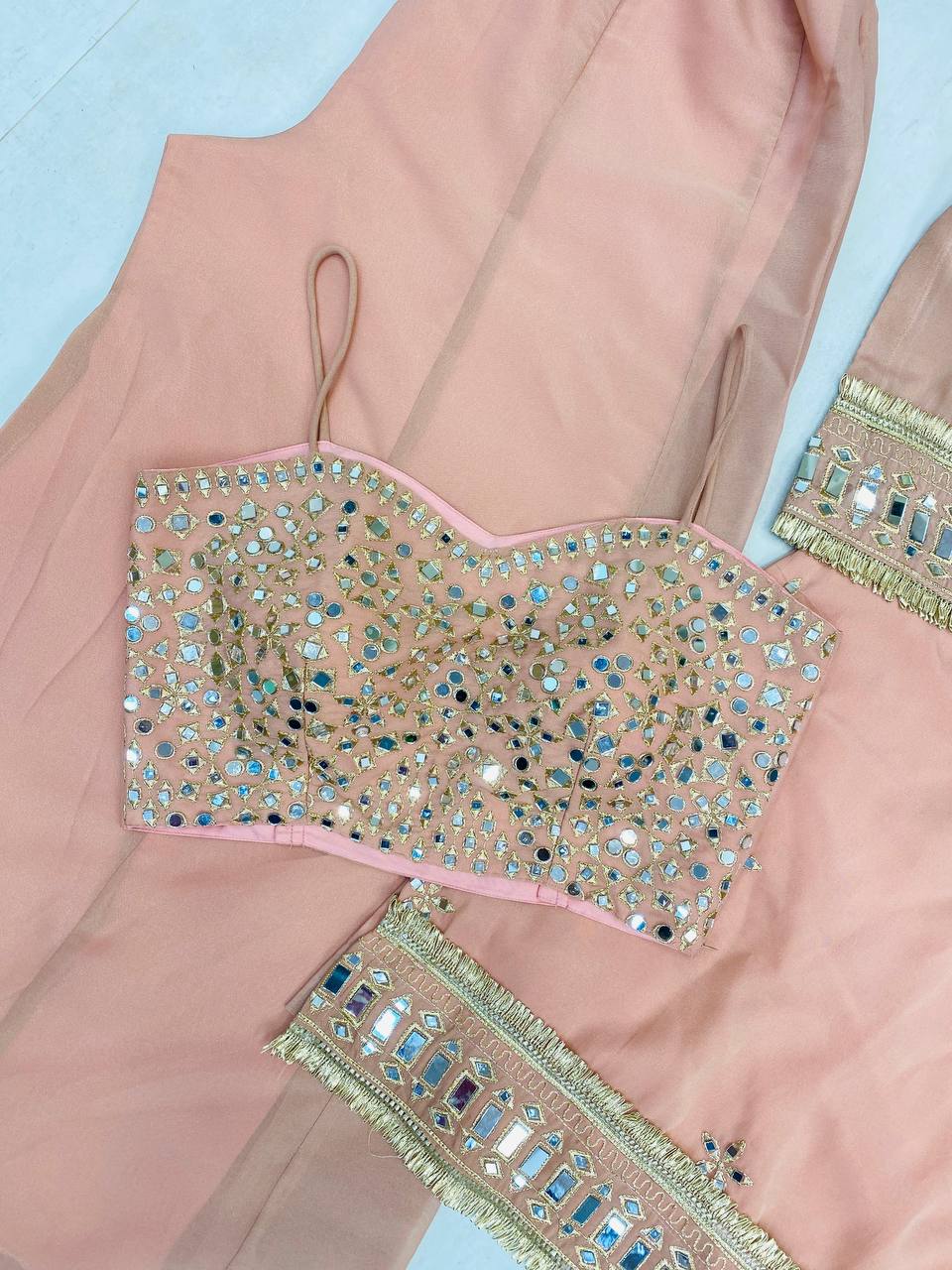 Indo Western 4 Pic Palazzo Set With Real Mirror & Embroidery Work