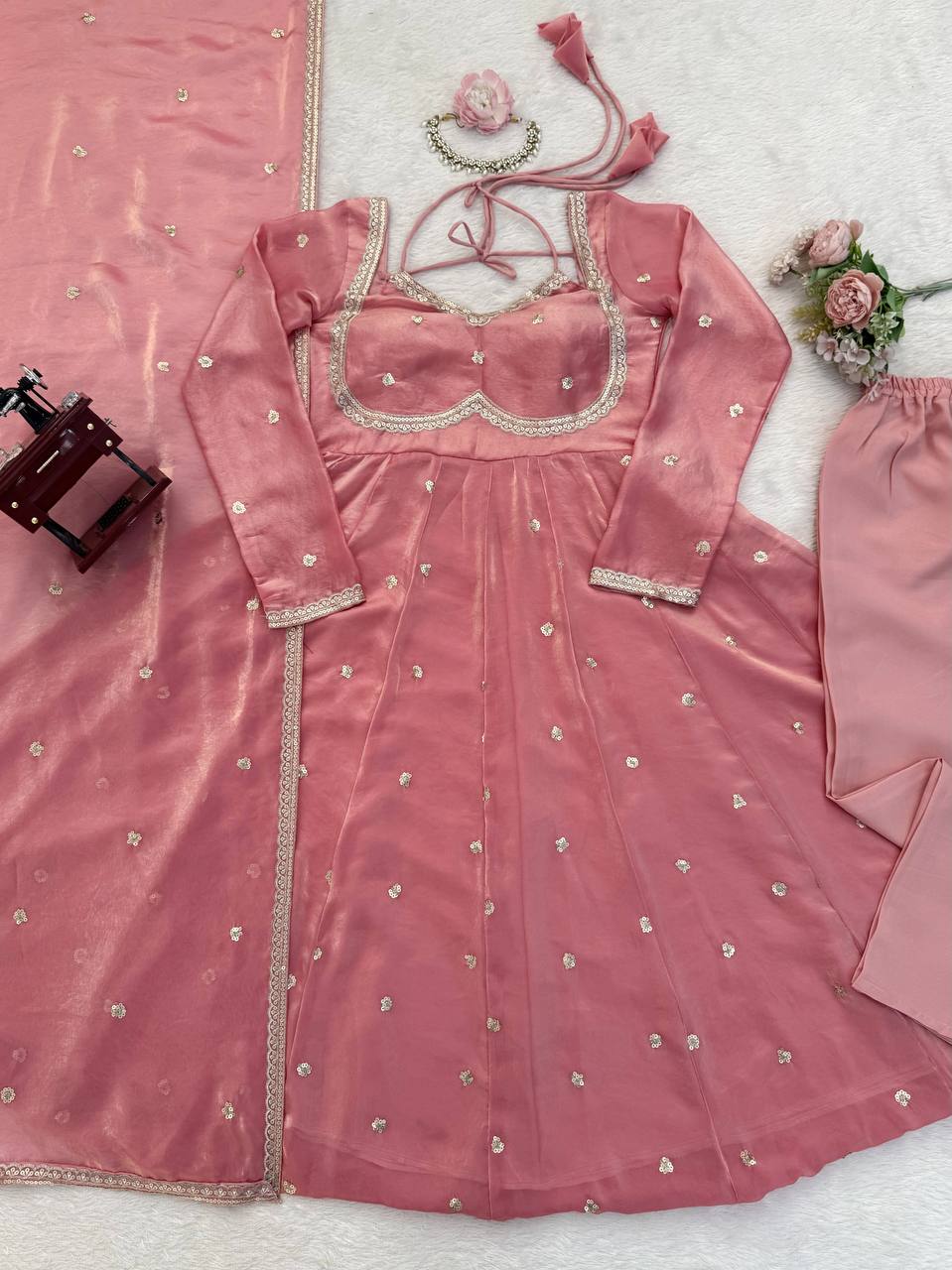 Wedding Special Thread with Sequence Work Anarkali Pent & Dupatta