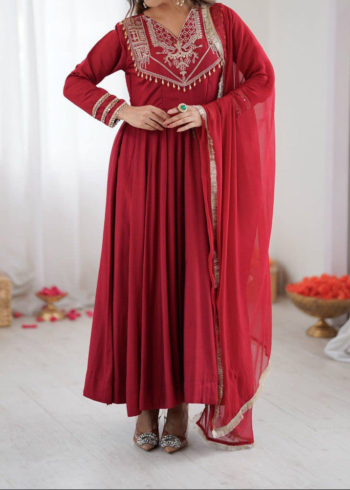 Designer Party Wear Roman Silk Anarkali Suit Set
