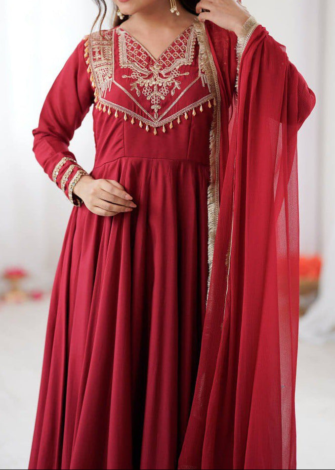 Designer Party Wear Roman Silk Anarkali Suit Set