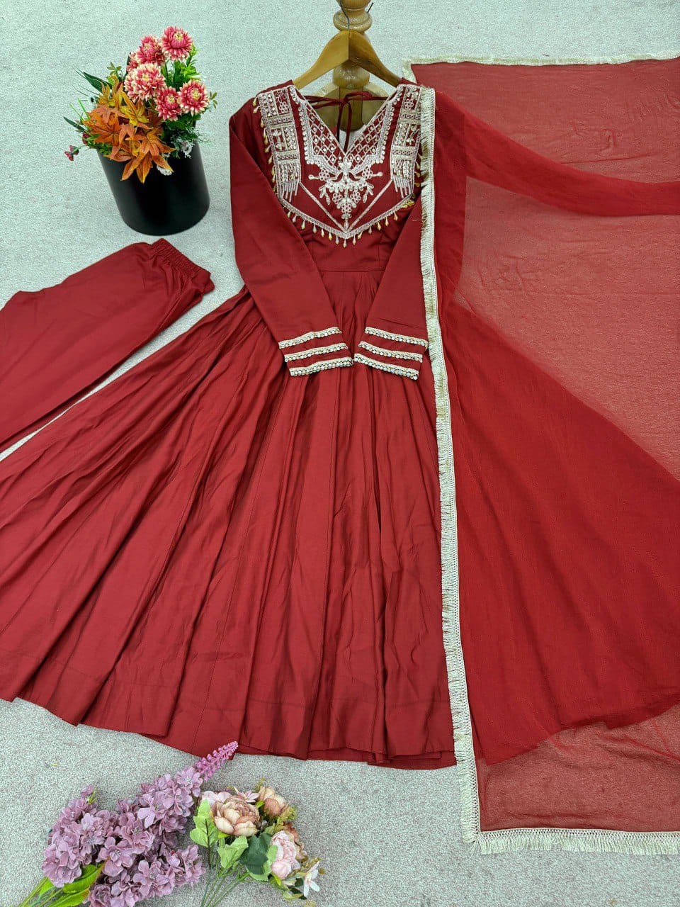 Designer Party Wear Roman Silk Anarkali Suit Set