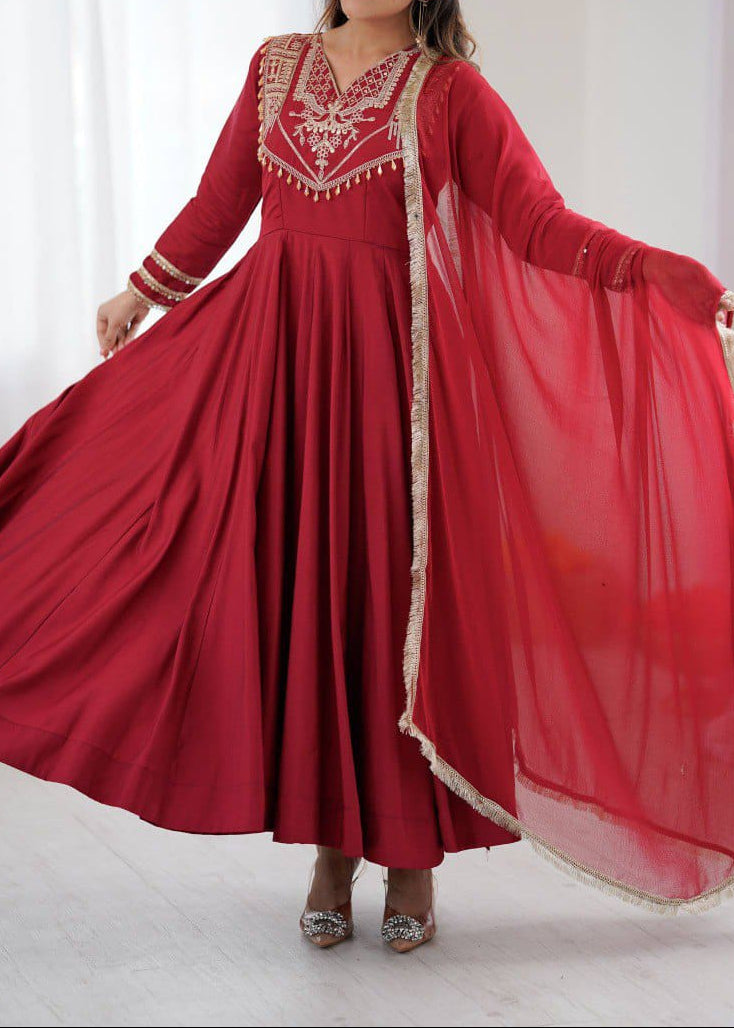 Designer Party Wear Roman Silk Anarkali Suit Set