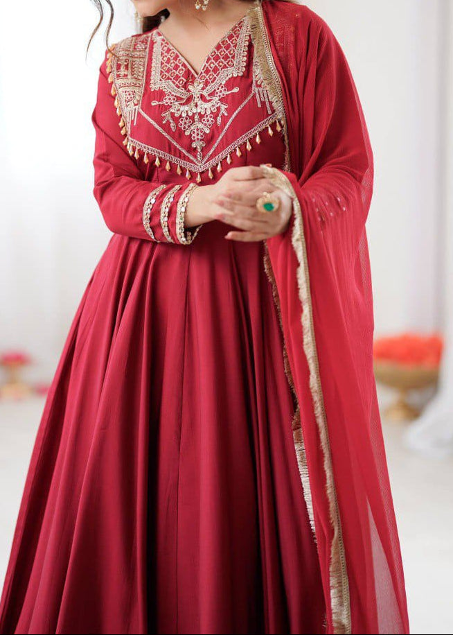 Designer Party Wear Roman Silk Anarkali Suit Set