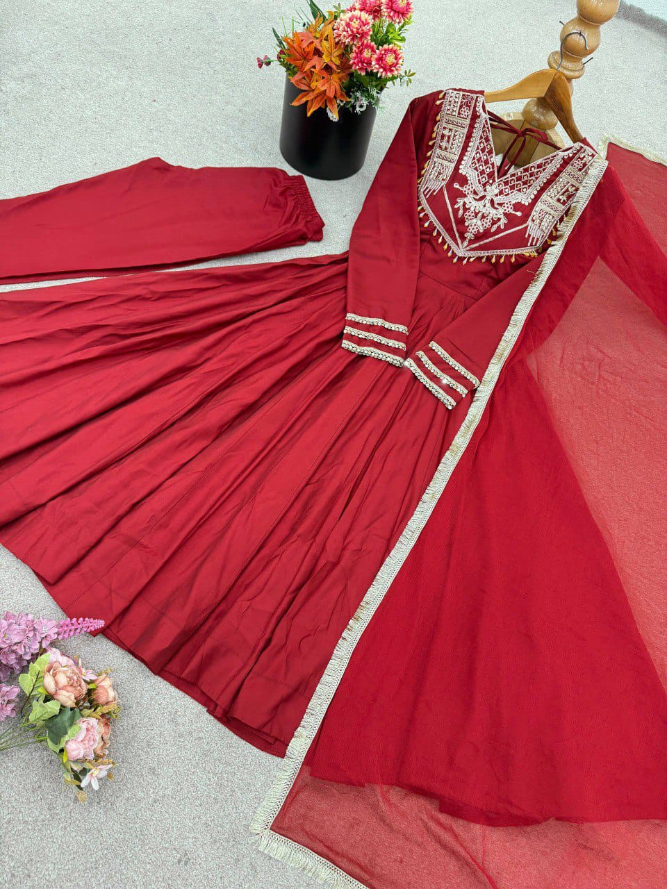 Designer Party Wear Roman Silk Anarkali Suit Set