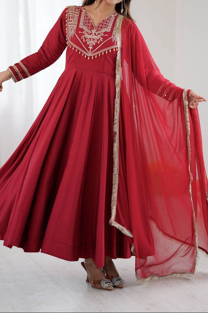 Designer Party Wear Roman Silk Anarkali Suit Set