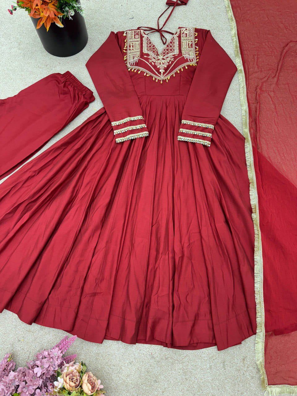 Designer Party Wear Roman Silk Anarkali Suit Set