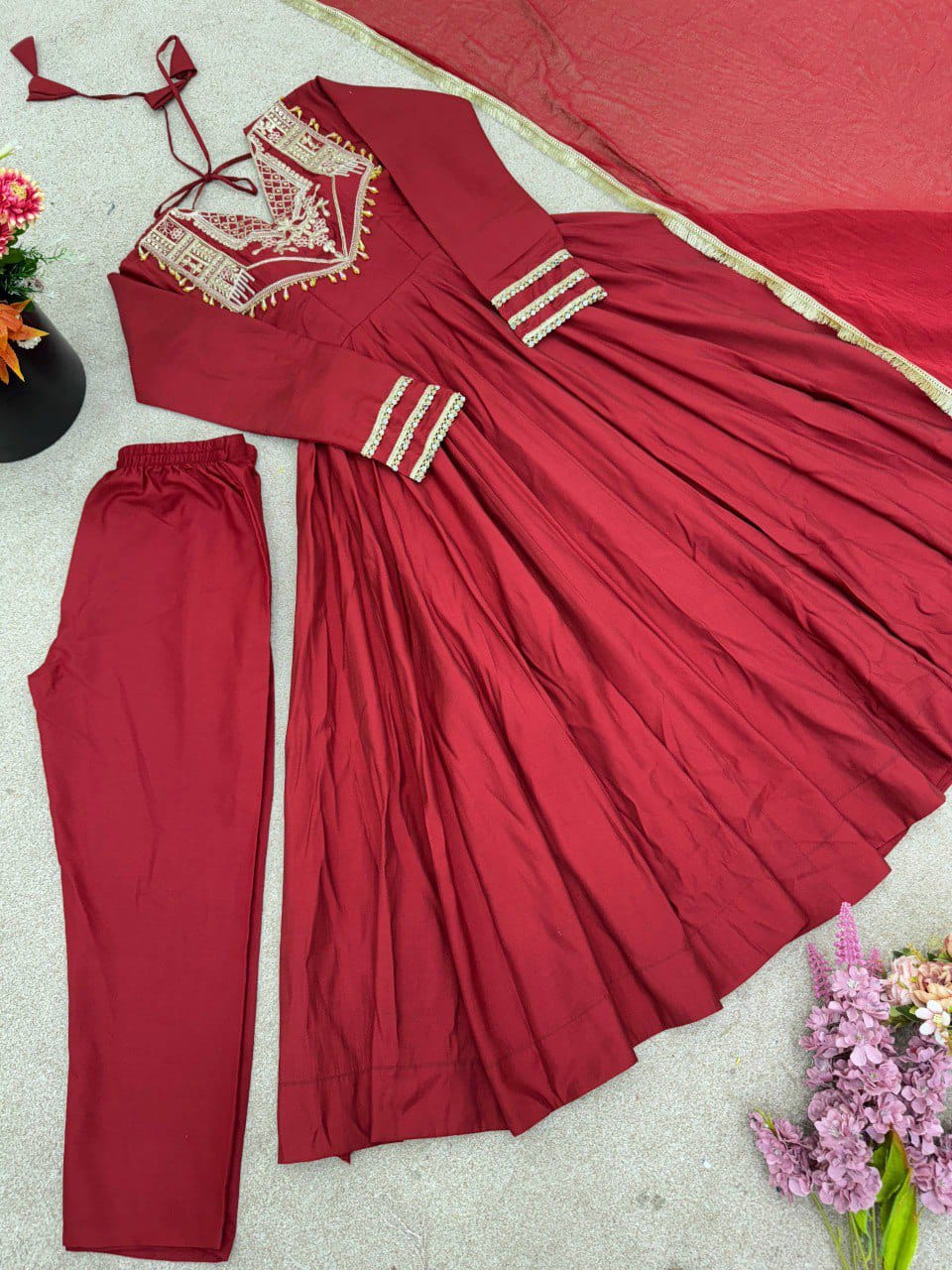 Designer Party Wear Roman Silk Anarkali Suit Set