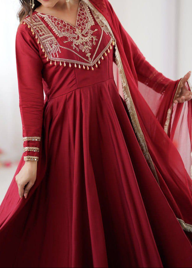 Designer Party Wear Roman Silk Anarkali Suit Set