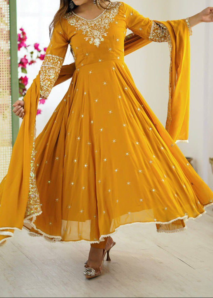Elegant Heavy Embroidery & Sequence Work Three-Piece Anarkali Suit Set