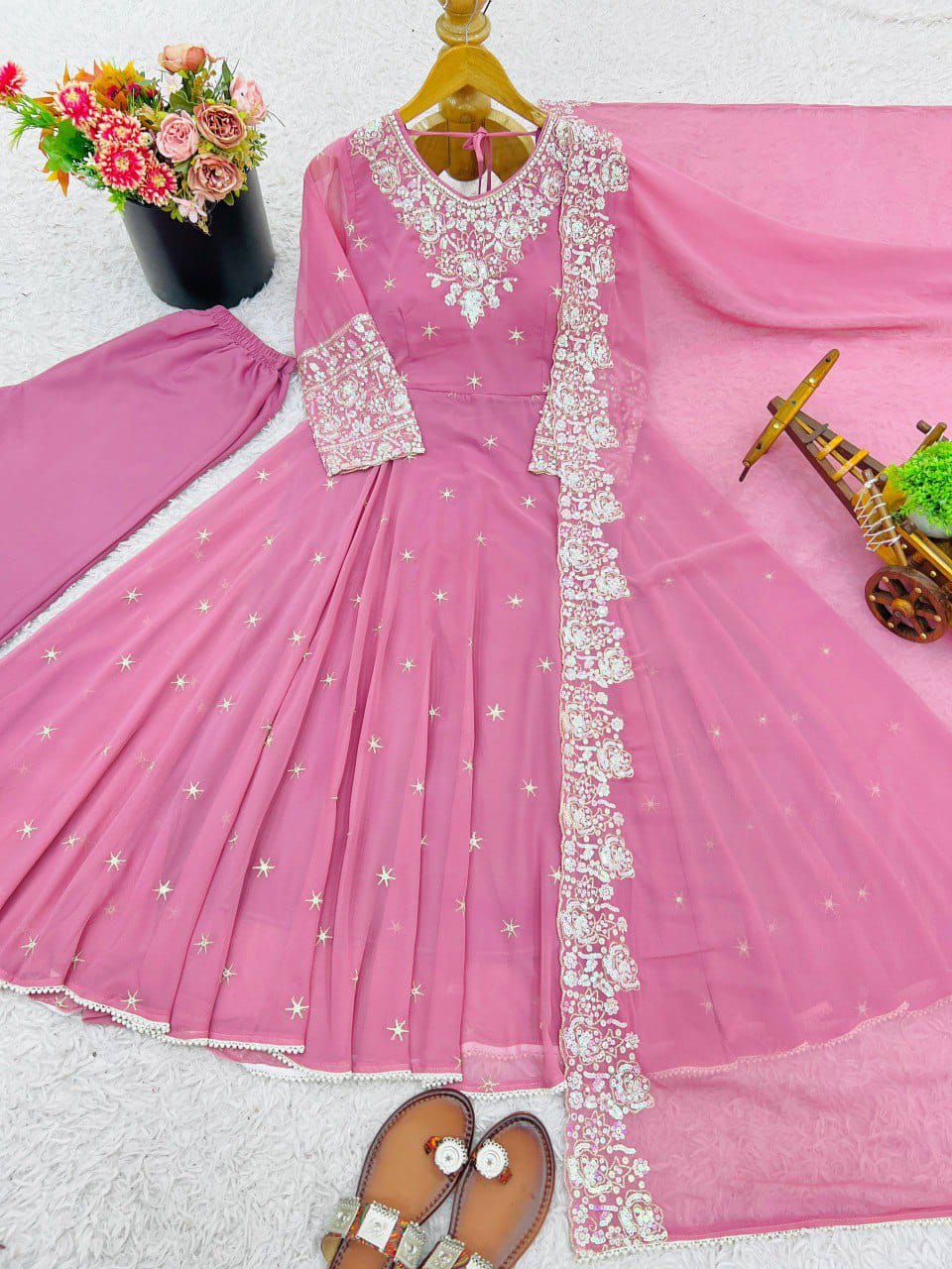 Elegant Heavy Embroidery & Sequence Work Three-Piece Anarkali Suit Set
