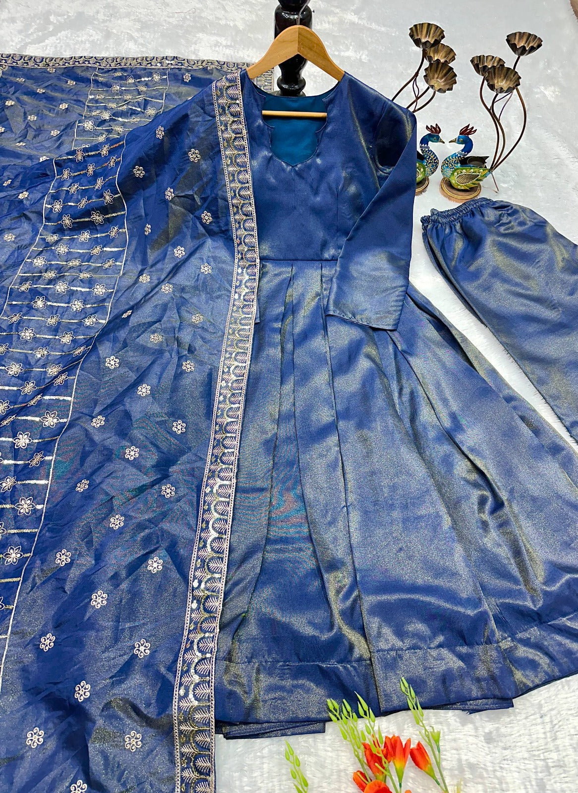 New Designer Party Wear Anarkali With Palazzo & Embroidered Dupatta